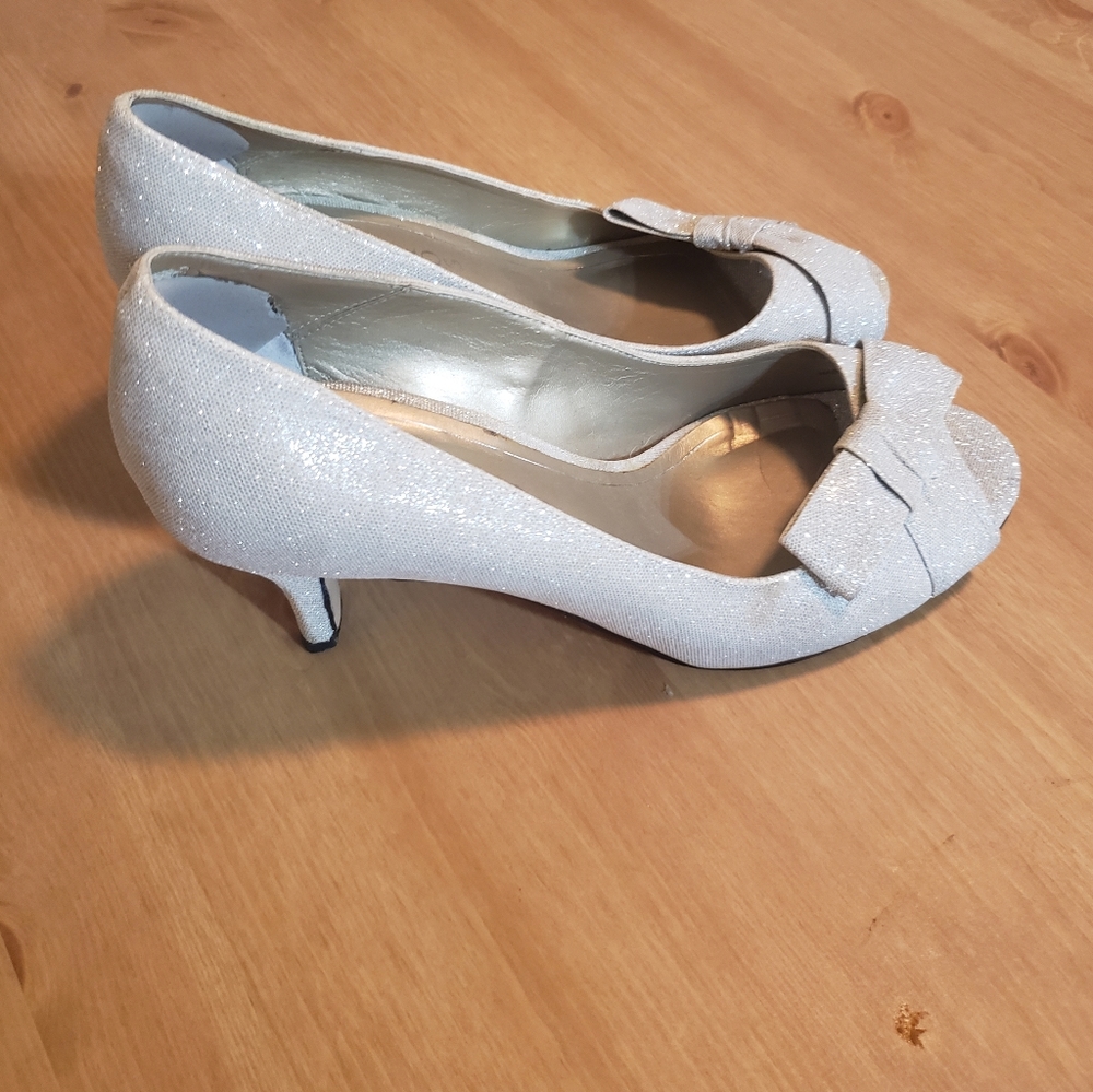 Sparkly silver kitten heal open toe heels